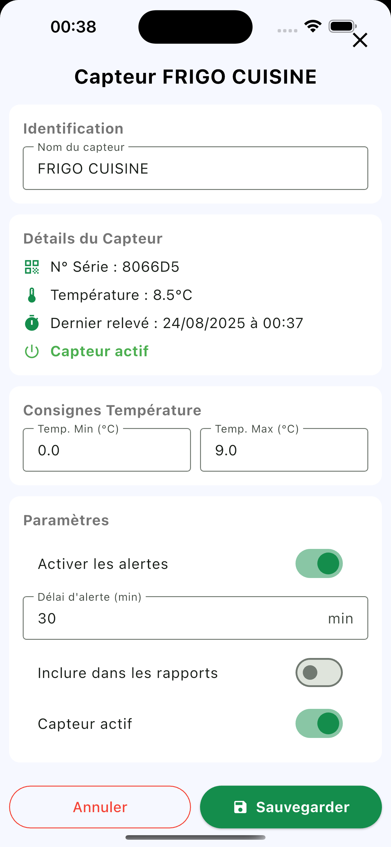 Fiche capteur Cap Control : consignes min max, alertes, delai, rapports