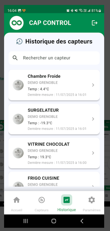 Historique Cap Control : liste des capteurs avec recherche