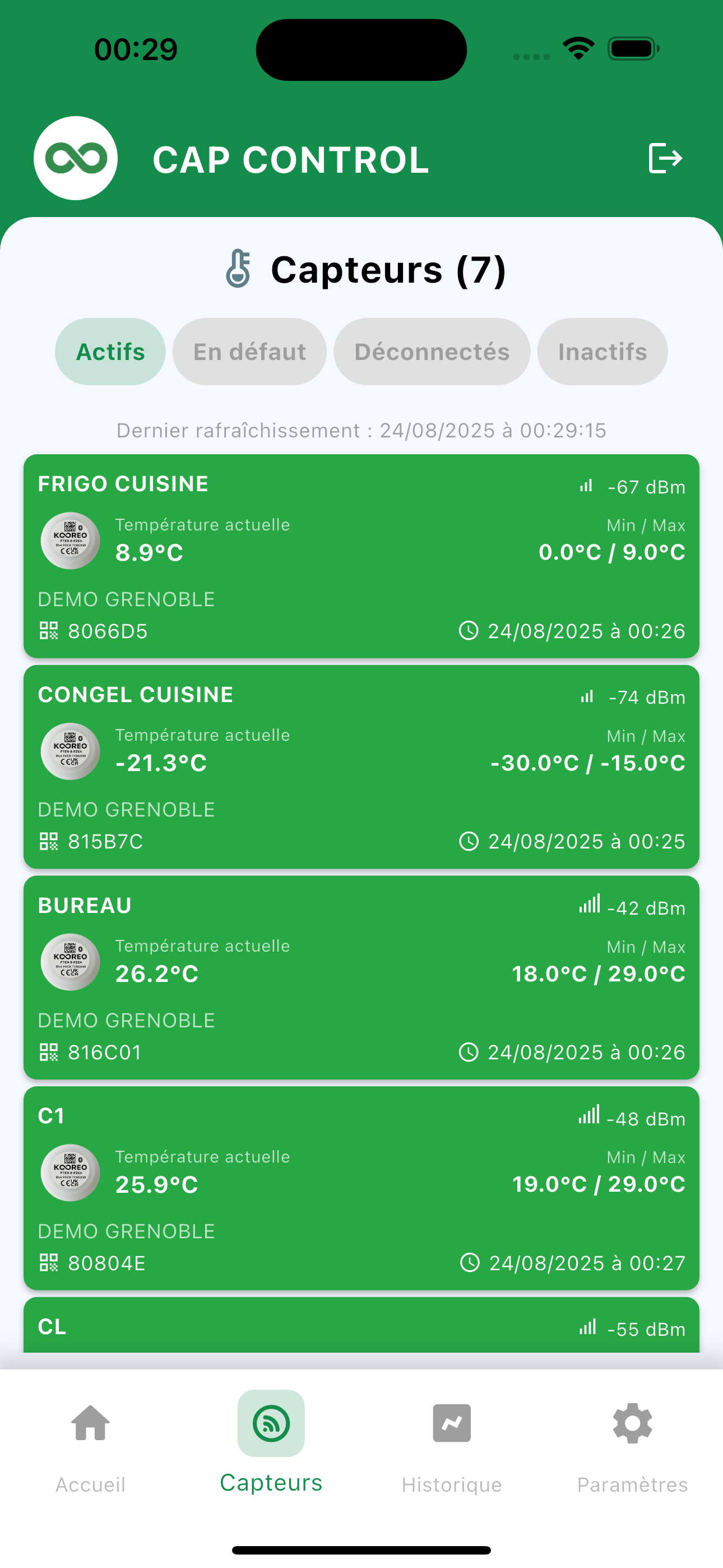 Liste Cap Control : cartes capteurs, filtres Actifs En defaut Deconnectes Inactifs