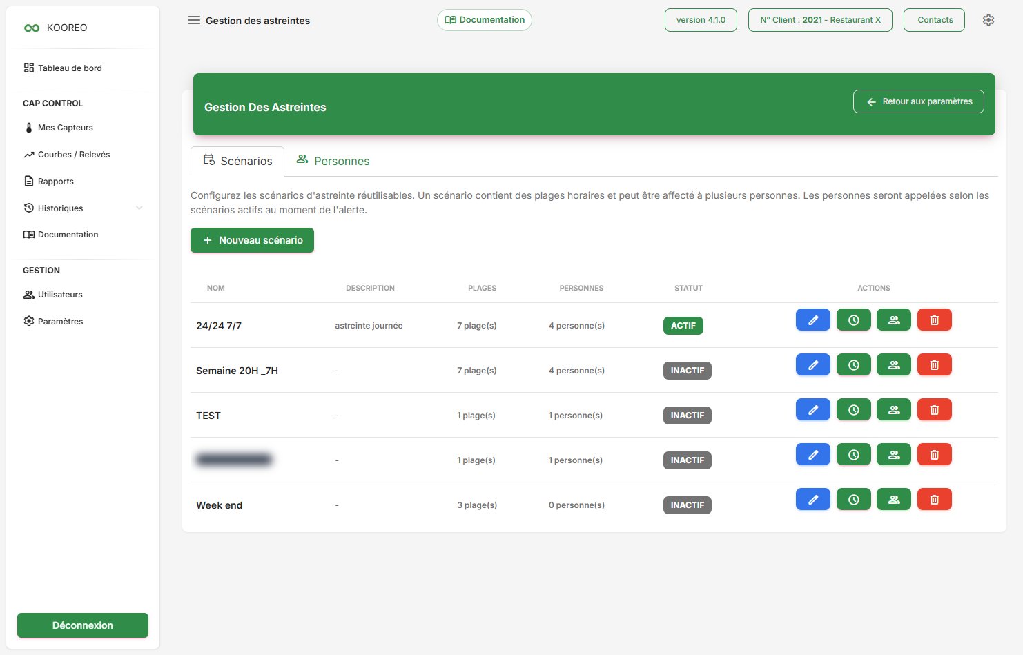 Onglet Scenarios : liste des plannings d astreinte