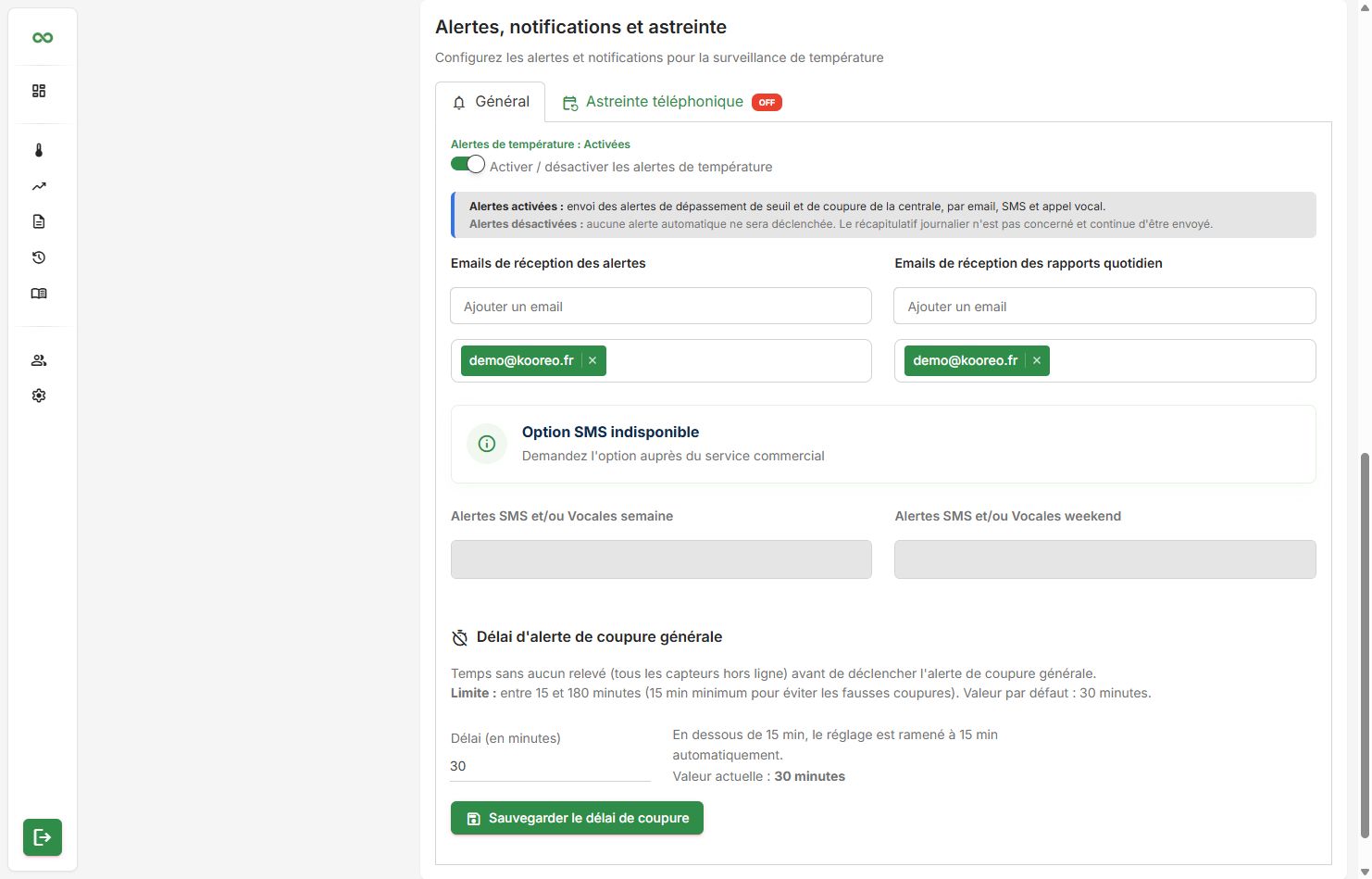 Onglet General : switch alertes, emails, delai de coupure